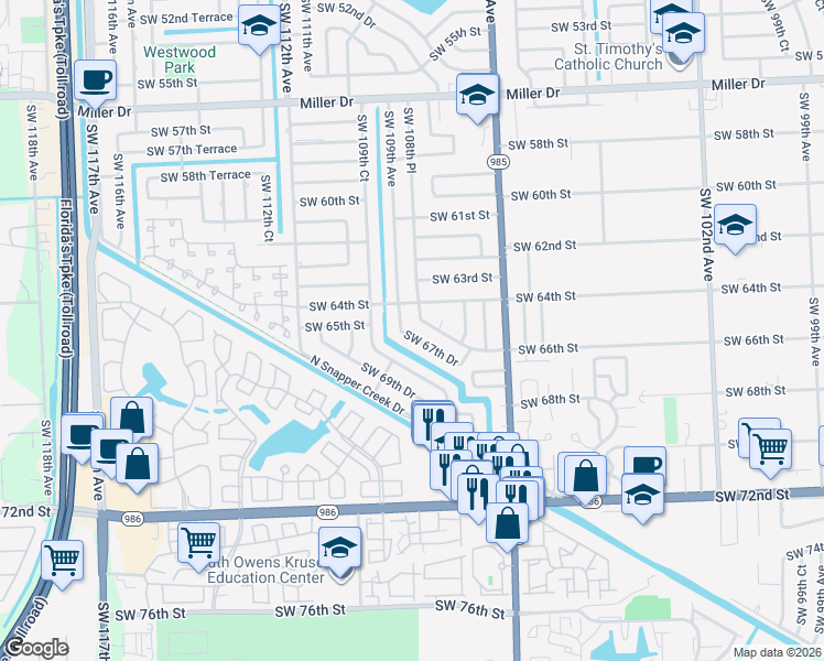 map of restaurants, bars, coffee shops, grocery stores, and more near 10831 Southwest 67th Drive in Miami