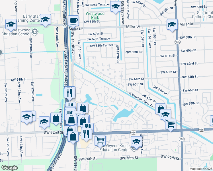 map of restaurants, bars, coffee shops, grocery stores, and more near 11389 Southwest 65th Street in Miami