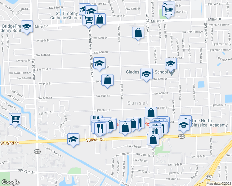 map of restaurants, bars, coffee shops, grocery stores, and more near 9941 Southwest 66th Street in Miami