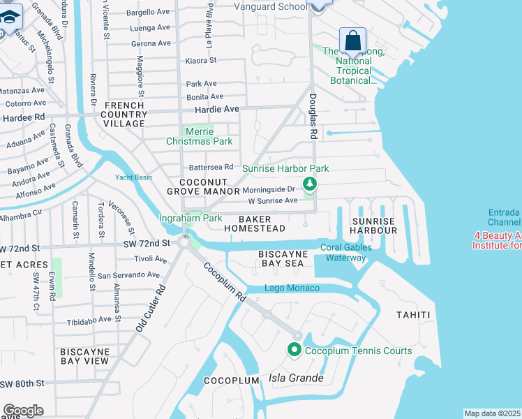 map of restaurants, bars, coffee shops, grocery stores, and more near 111 Edgewater Drive in Coral Gables