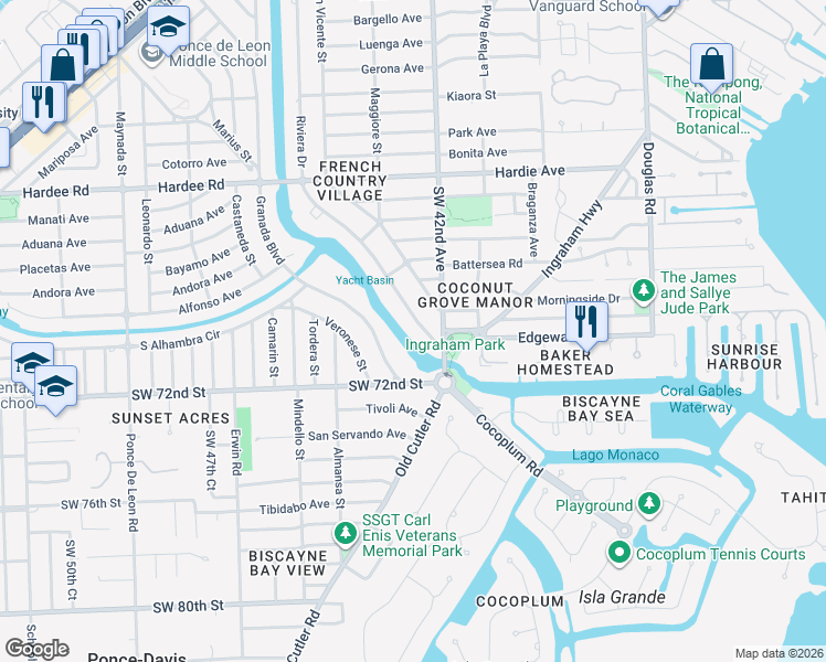 map of restaurants, bars, coffee shops, grocery stores, and more near 6810 Riviera Drive in Coral Gables