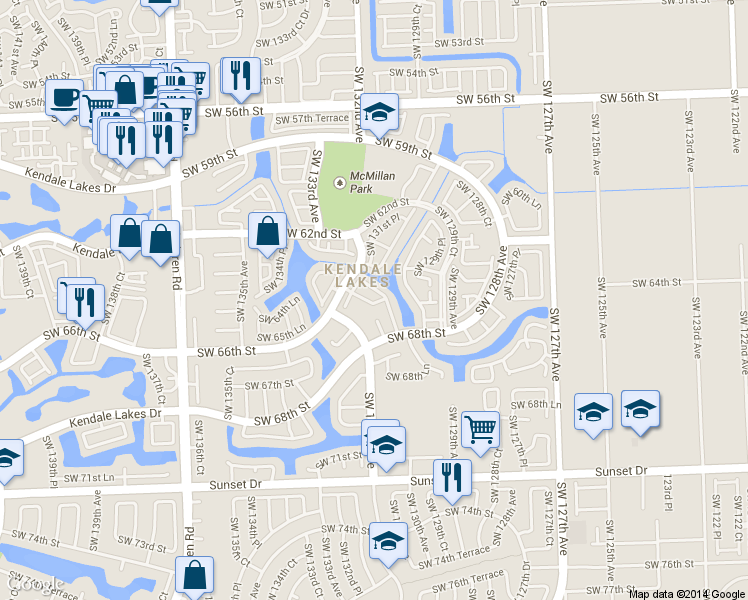 map of restaurants, bars, coffee shops, grocery stores, and more near 6635 Southwest 130th Place in Miami