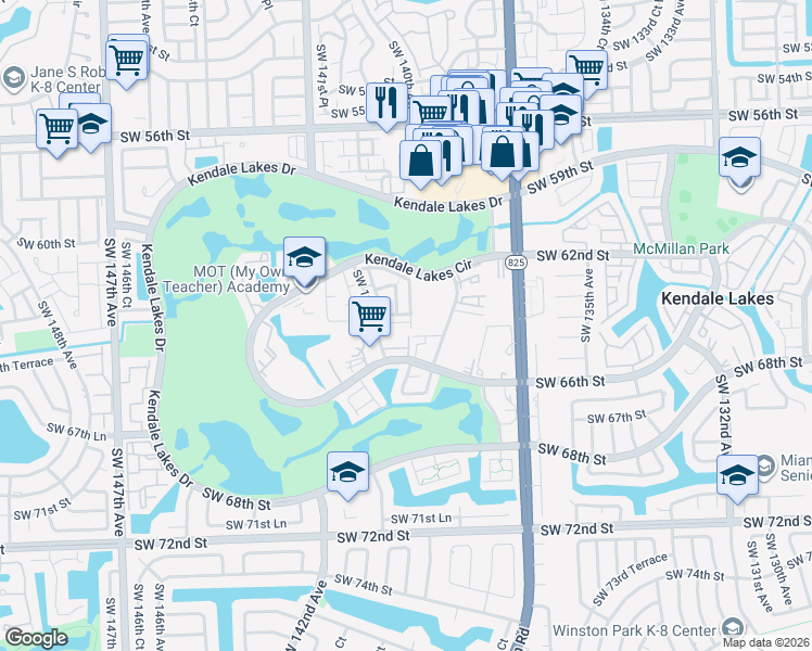 map of restaurants, bars, coffee shops, grocery stores, and more near 13856 Southwest 64th Street in Miami