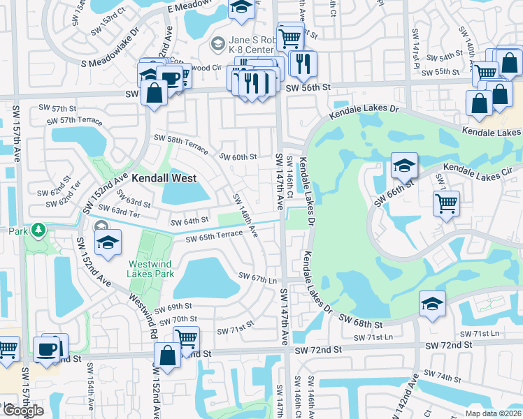map of restaurants, bars, coffee shops, grocery stores, and more near 14712 Southwest 63rd Lane in Miami