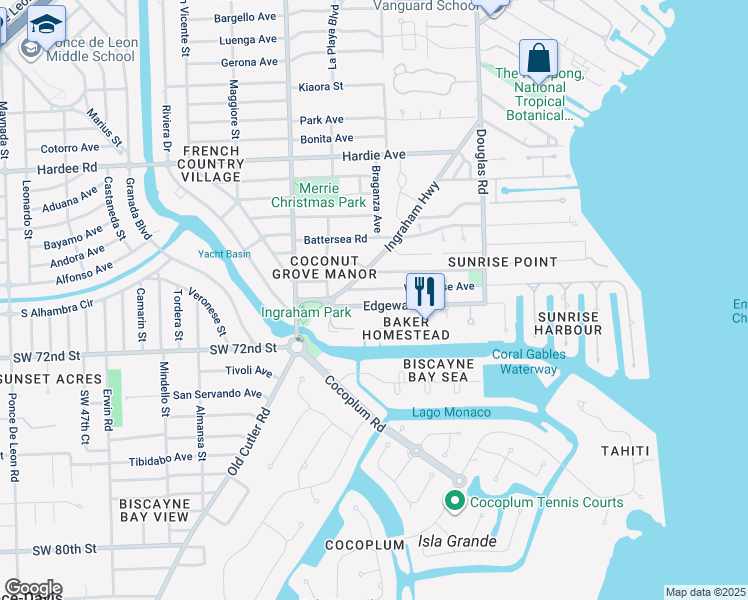 map of restaurants, bars, coffee shops, grocery stores, and more near 171 Edgewater Drive in Coral Gables