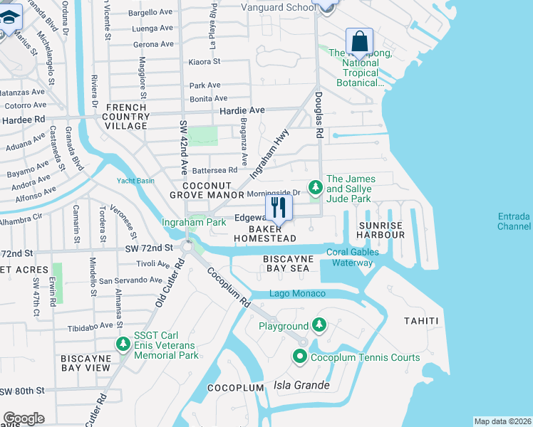 map of restaurants, bars, coffee shops, grocery stores, and more near 111 Edgewater Drive in Coral Gables