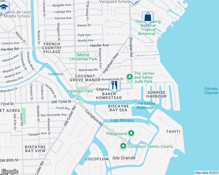 map of restaurants, bars, coffee shops, grocery stores, and more near 111 Edgewater Drive in Coral Gables