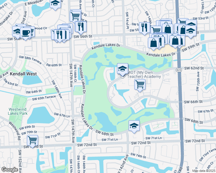 map of restaurants, bars, coffee shops, grocery stores, and more near 14391 Southwest 140th Avenue in Miami