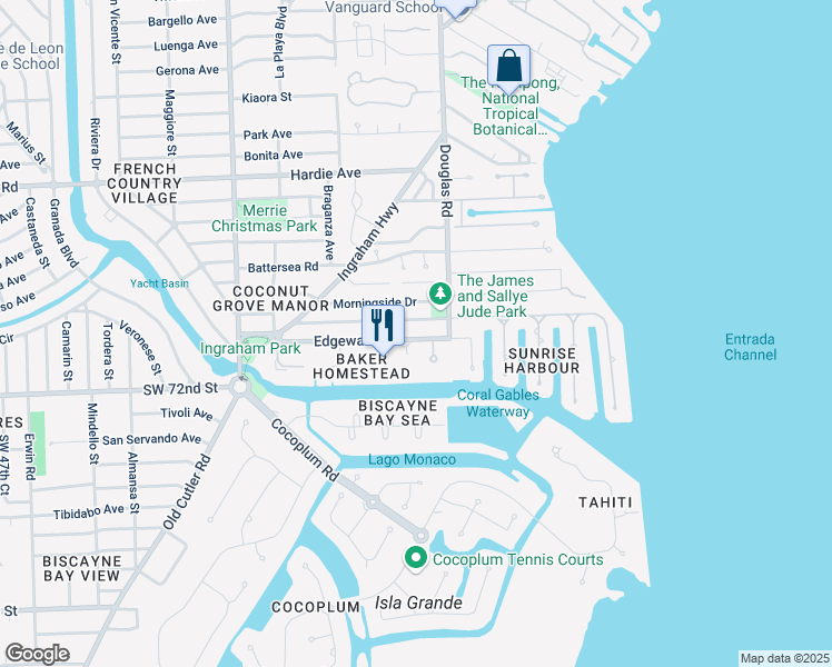 map of restaurants, bars, coffee shops, grocery stores, and more near 51 Edgewater Drive in Coral Gables