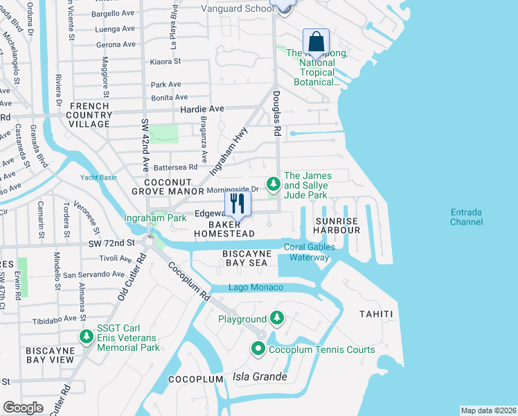 map of restaurants, bars, coffee shops, grocery stores, and more near 1 Edgewater Drive in Coral Gables