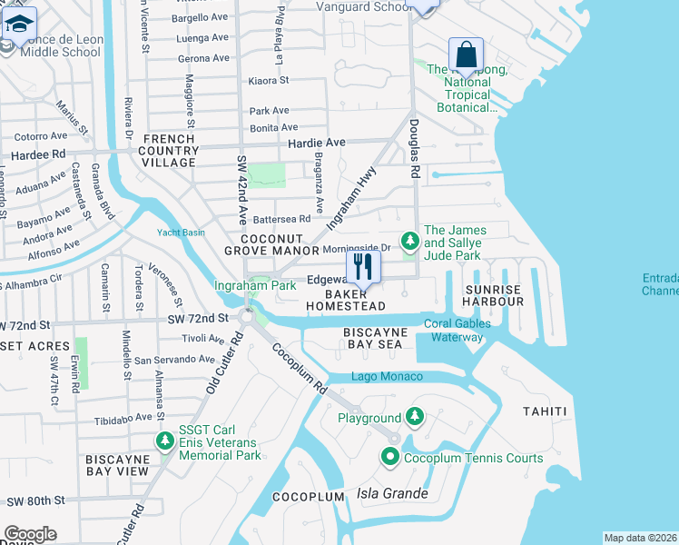 map of restaurants, bars, coffee shops, grocery stores, and more near 125 Edgewater Drive in Coral Gables