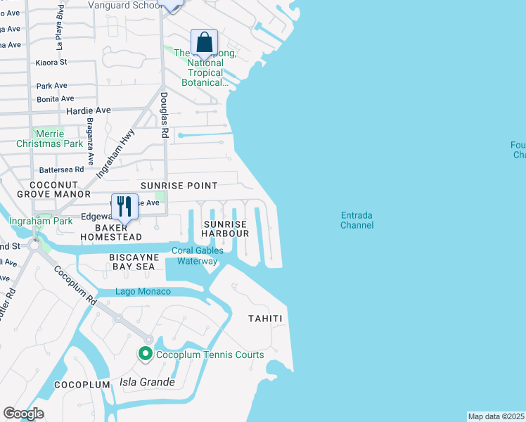 map of restaurants, bars, coffee shops, grocery stores, and more near 6816 Sunrise Drive in Coral Gables