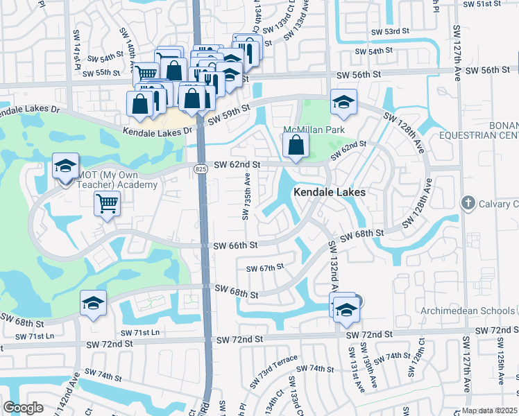map of restaurants, bars, coffee shops, grocery stores, and more near 6435 Southwest 135th Avenue in Miami