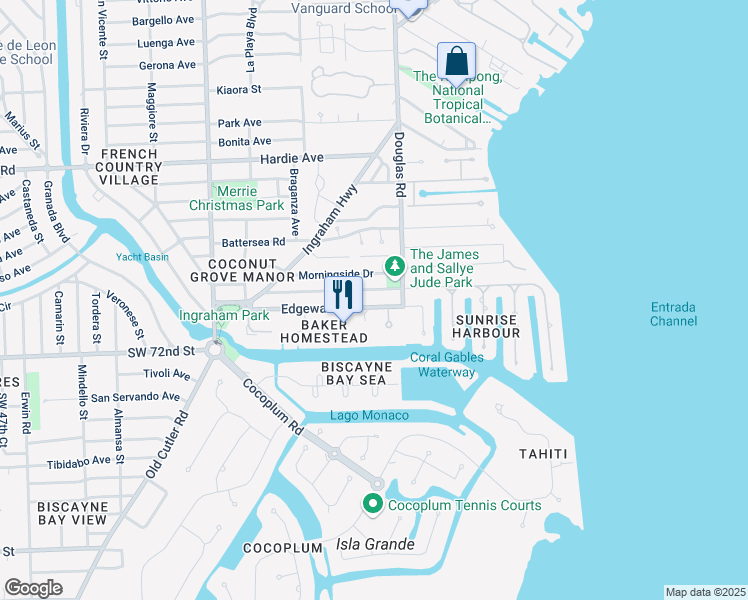 map of restaurants, bars, coffee shops, grocery stores, and more near 51 Edgewater Drive in Coral Gables