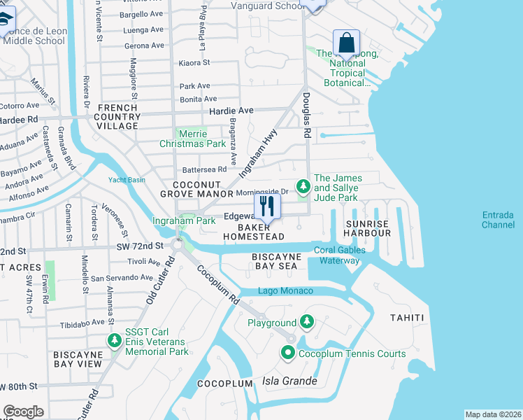 map of restaurants, bars, coffee shops, grocery stores, and more near 111 Edgewater Drive in Coral Gables