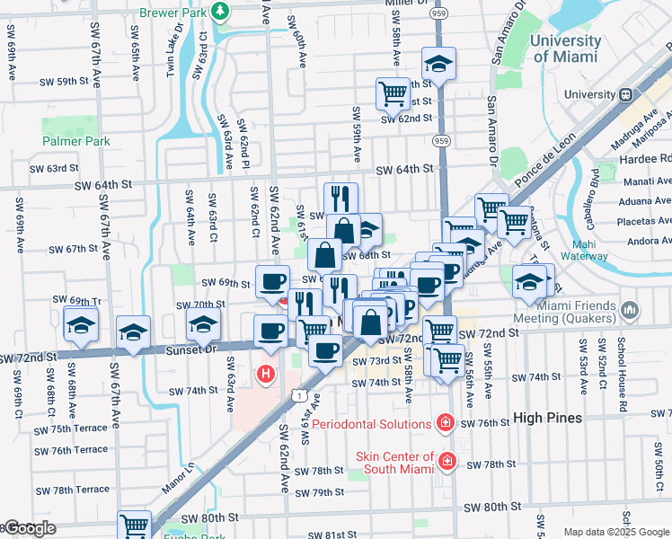 map of restaurants, bars, coffee shops, grocery stores, and more near 6845 Southwest 59th Place in South Miami