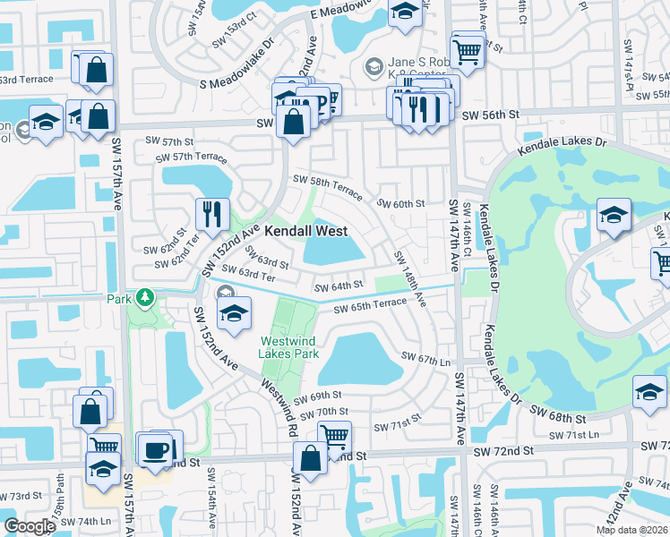 map of restaurants, bars, coffee shops, grocery stores, and more near 6323 Southwest 149th Place in Miami