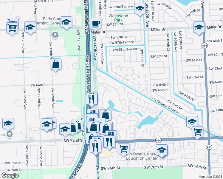 map of restaurants, bars, coffee shops, grocery stores, and more near 6421 Southwest 116th Court in Miami