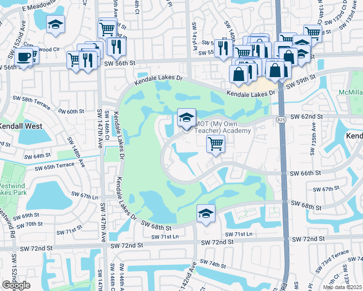 map of restaurants, bars, coffee shops, grocery stores, and more near 14250 Southwest 62nd Street in Miami