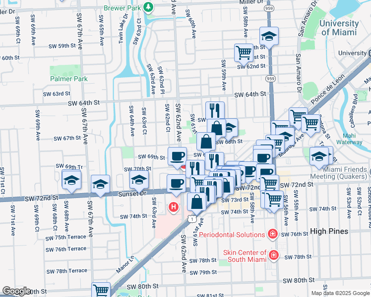 map of restaurants, bars, coffee shops, grocery stores, and more near 6842 Southwest 62nd Court in South Miami