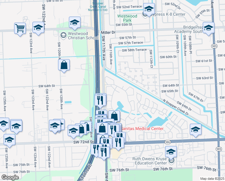 map of restaurants, bars, coffee shops, grocery stores, and more near 6455 Southwest 116th Place in Miami