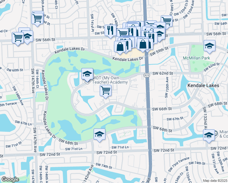map of restaurants, bars, coffee shops, grocery stores, and more near 13856 Southwest 64th Street in Miami