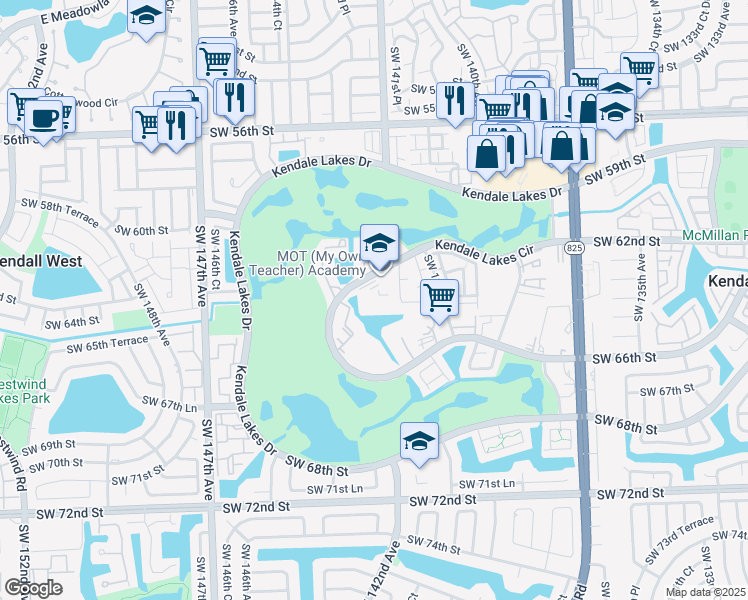 map of restaurants, bars, coffee shops, grocery stores, and more near 14250 Southwest 62nd Street in Miami