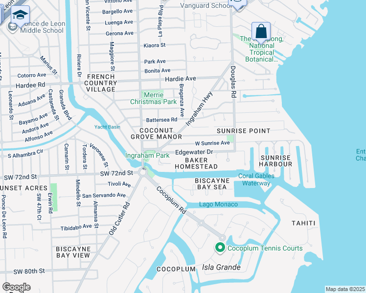 map of restaurants, bars, coffee shops, grocery stores, and more near 171 Edgewater Drive in Coral Gables
