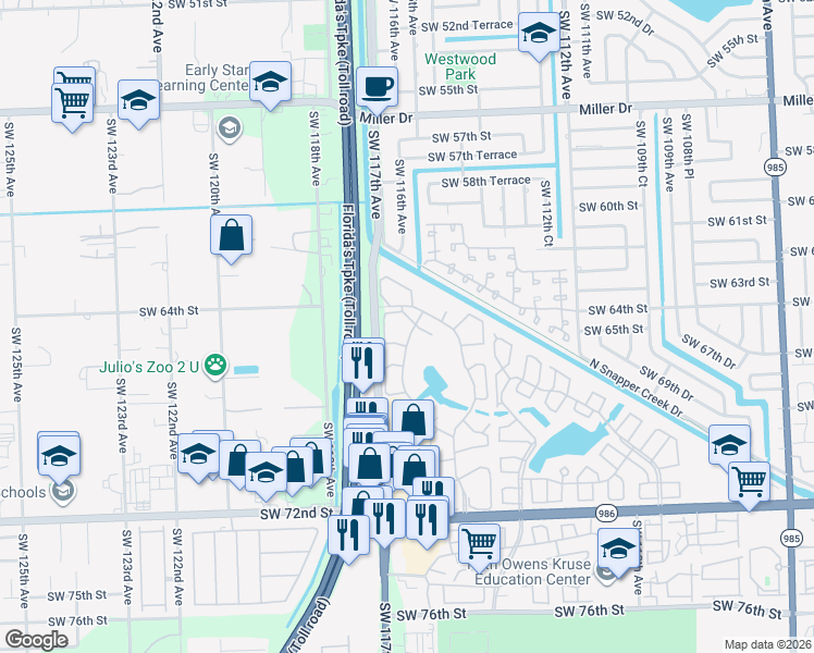 map of restaurants, bars, coffee shops, grocery stores, and more near 6455 Southwest 116th Place in Miami