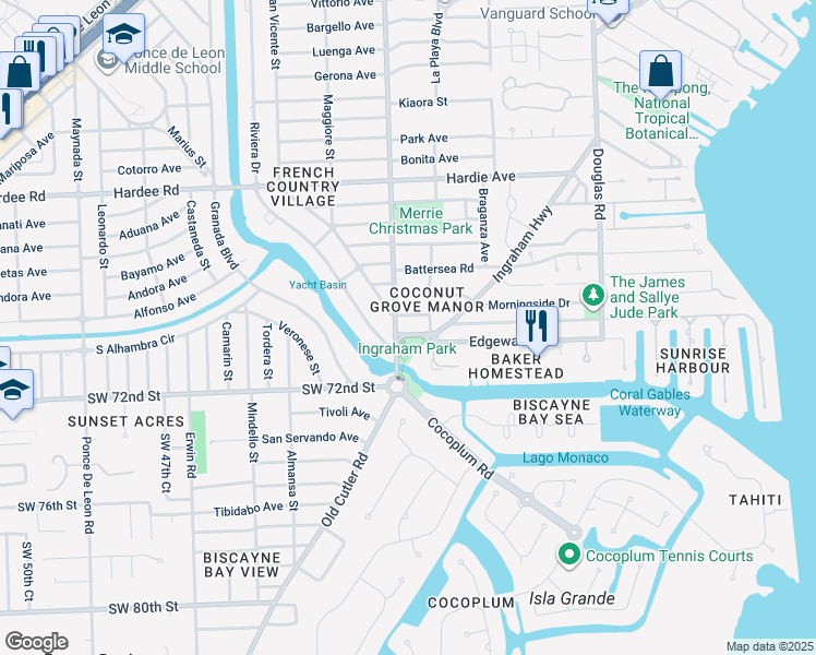 map of restaurants, bars, coffee shops, grocery stores, and more near 4751 Ingraham Terrace in Coral Gables