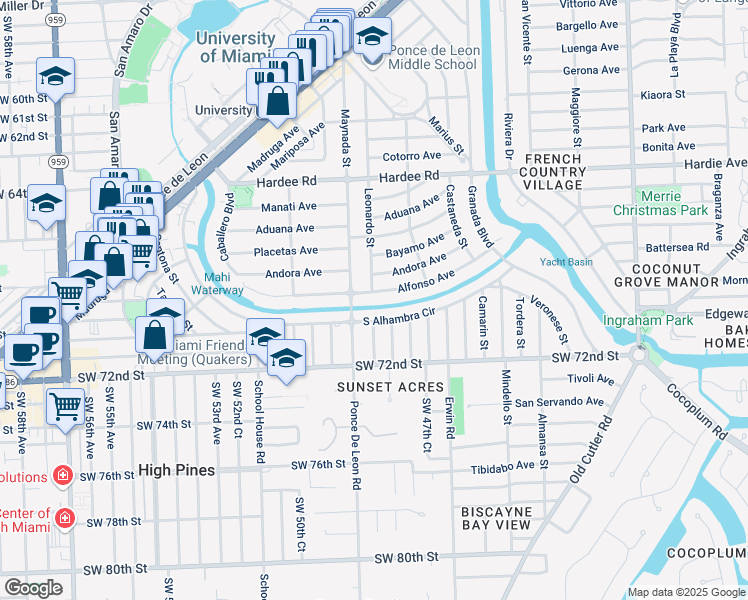 map of restaurants, bars, coffee shops, grocery stores, and more near 1025 South Alhambra Circle in Coral Gables