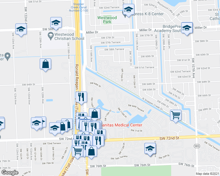 map of restaurants, bars, coffee shops, grocery stores, and more near 6534 Southwest 114th Place in Miami