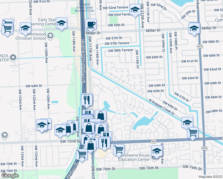 map of restaurants, bars, coffee shops, grocery stores, and more near 6534 Southwest 114th Place in Miami