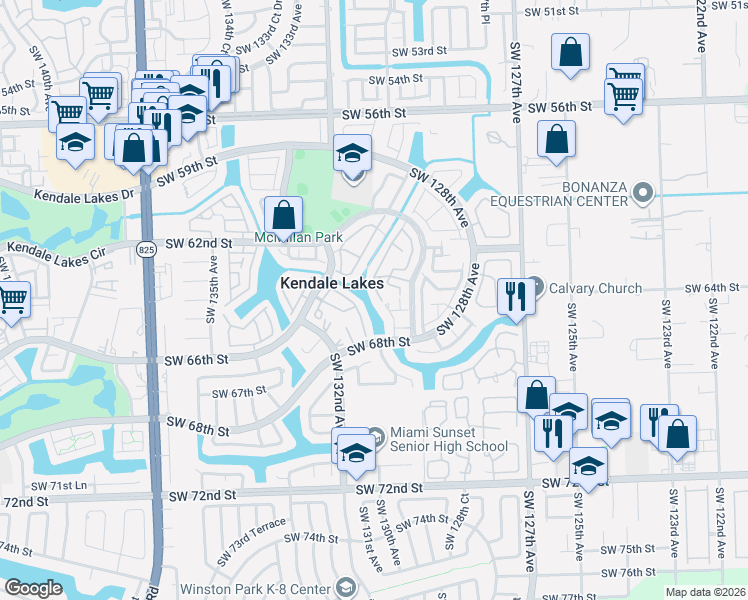map of restaurants, bars, coffee shops, grocery stores, and more near 1607 Southwest 130th Avenue in Miami
