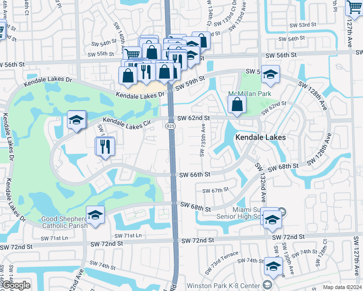 map of restaurants, bars, coffee shops, grocery stores, and more near 13551 Southwest 64th Lane in Miami