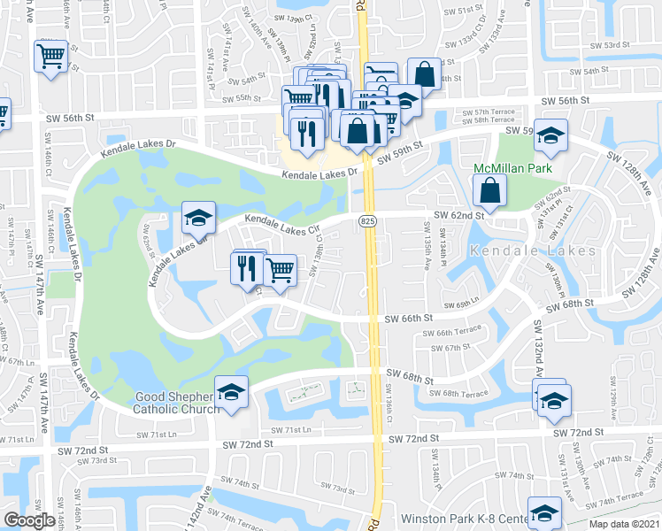 map of restaurants, bars, coffee shops, grocery stores, and more near 6345 Southwest 138th Court in Miami