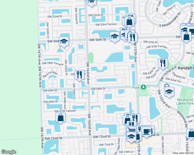 map of restaurants, bars, coffee shops, grocery stores, and more near 6264 Southwest 161st Avenue in Miami