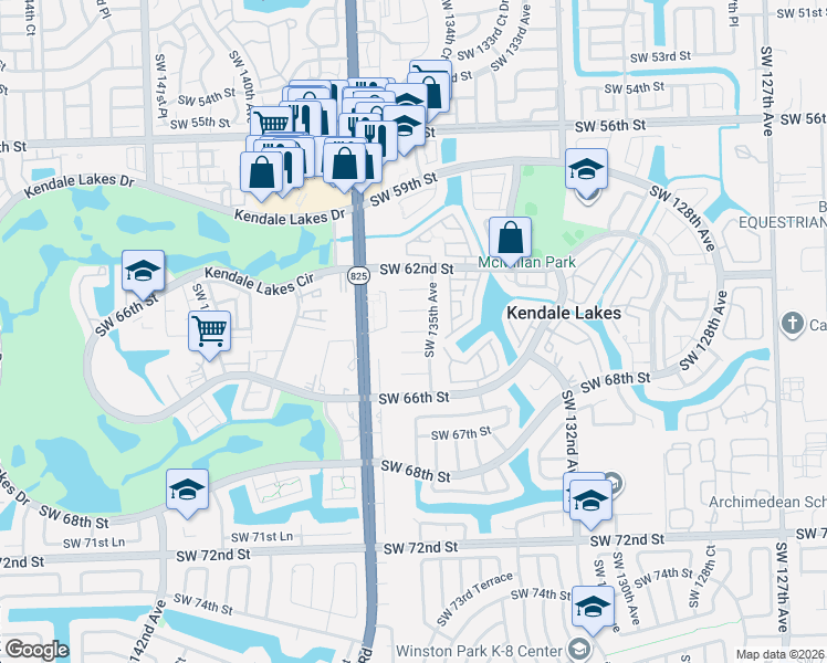 map of restaurants, bars, coffee shops, grocery stores, and more near 13551 Southwest 64th Lane in Miami