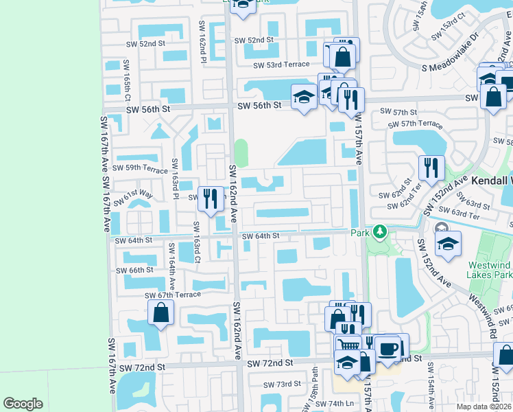 map of restaurants, bars, coffee shops, grocery stores, and more near 6264 Southwest 161st Avenue in Miami