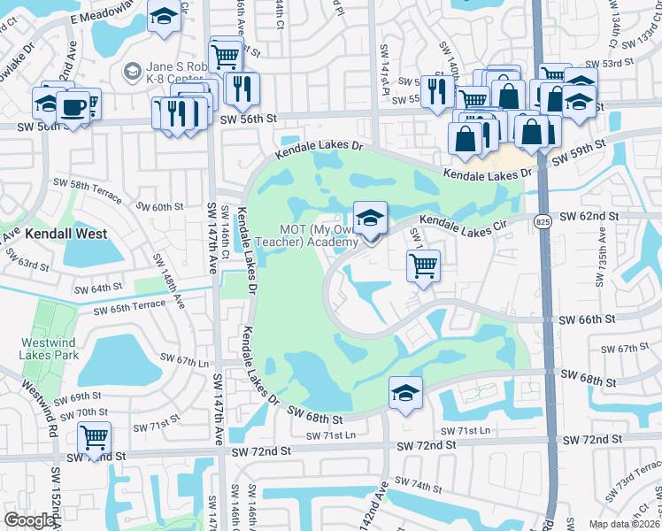 map of restaurants, bars, coffee shops, grocery stores, and more near 22250 Southwest 62nd Street in Miami