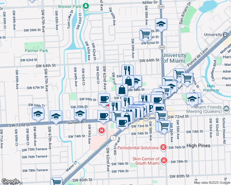 map of restaurants, bars, coffee shops, grocery stores, and more near 6023 Southwest 69th Street in South Miami