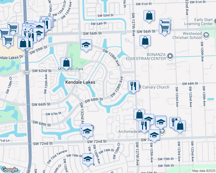 map of restaurants, bars, coffee shops, grocery stores, and more near 6511 Southwest 129th Avenue in Miami