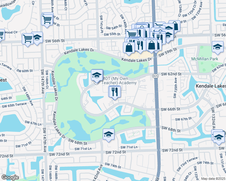 map of restaurants, bars, coffee shops, grocery stores, and more near 6322 Southwest 139th Court in Miami