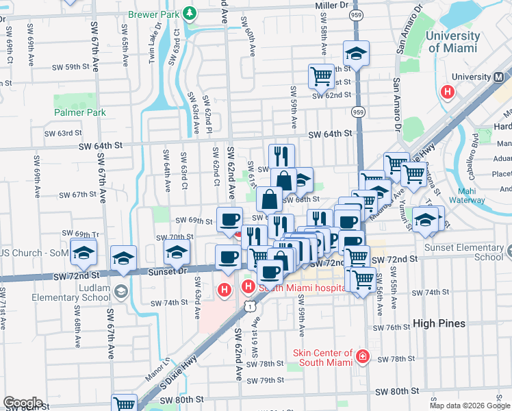 map of restaurants, bars, coffee shops, grocery stores, and more near 6023 Southwest 69th Street in South Miami