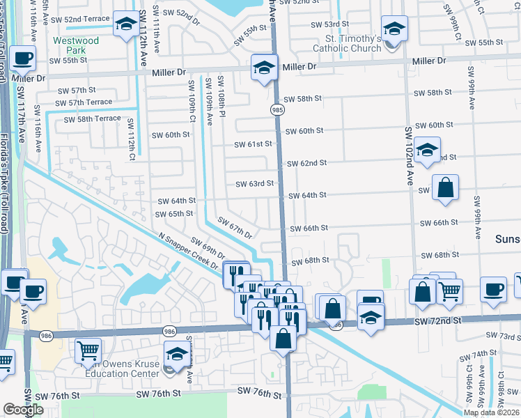 map of restaurants, bars, coffee shops, grocery stores, and more near 10751 Southwest 66th Drive in Miami