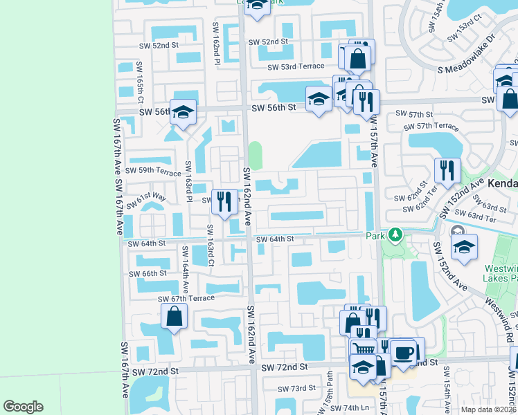 map of restaurants, bars, coffee shops, grocery stores, and more near 6264 Southwest 161st Avenue in Miami