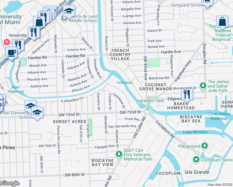 map of restaurants, bars, coffee shops, grocery stores, and more near 6845 Veronese Street in Coral Gables