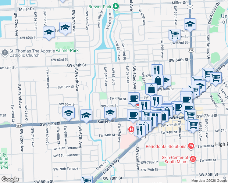 map of restaurants, bars, coffee shops, grocery stores, and more near 6791 Southwest 63rd Court in South Miami