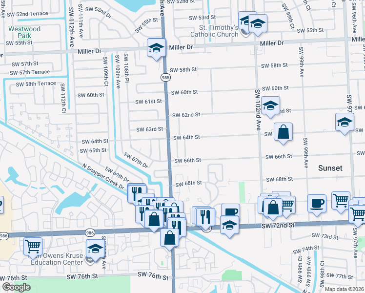 map of restaurants, bars, coffee shops, grocery stores, and more near 6420 Southwest 105th Court in Miami