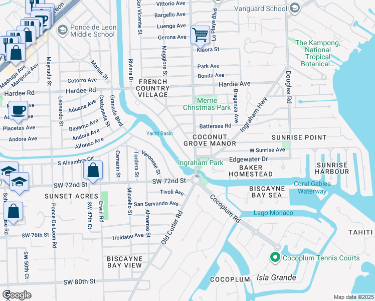 map of restaurants, bars, coffee shops, grocery stores, and more near 6810 Riviera Drive in Coral Gables